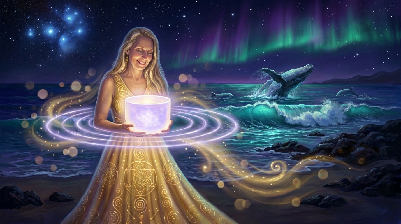 Rose holding a glowing crystal singing bowl beside the ocean at night