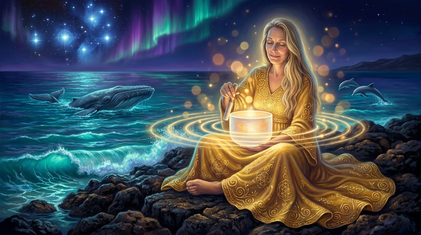 Rings of teal and gold light rippling across dark water, evoking crystal bowl resonance