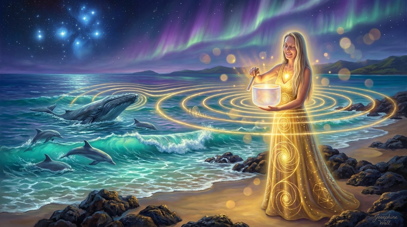 Rose holding a glowing crystal singing bowl beside the ocean beneath an aurora sky