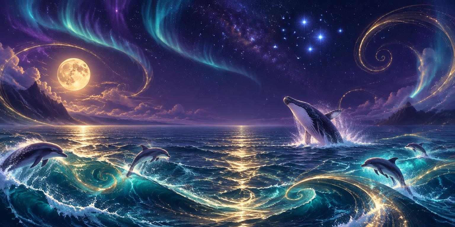 Whales and dolphins swimming through a celestial ocean beneath the Pleiades and luminous golden swirls